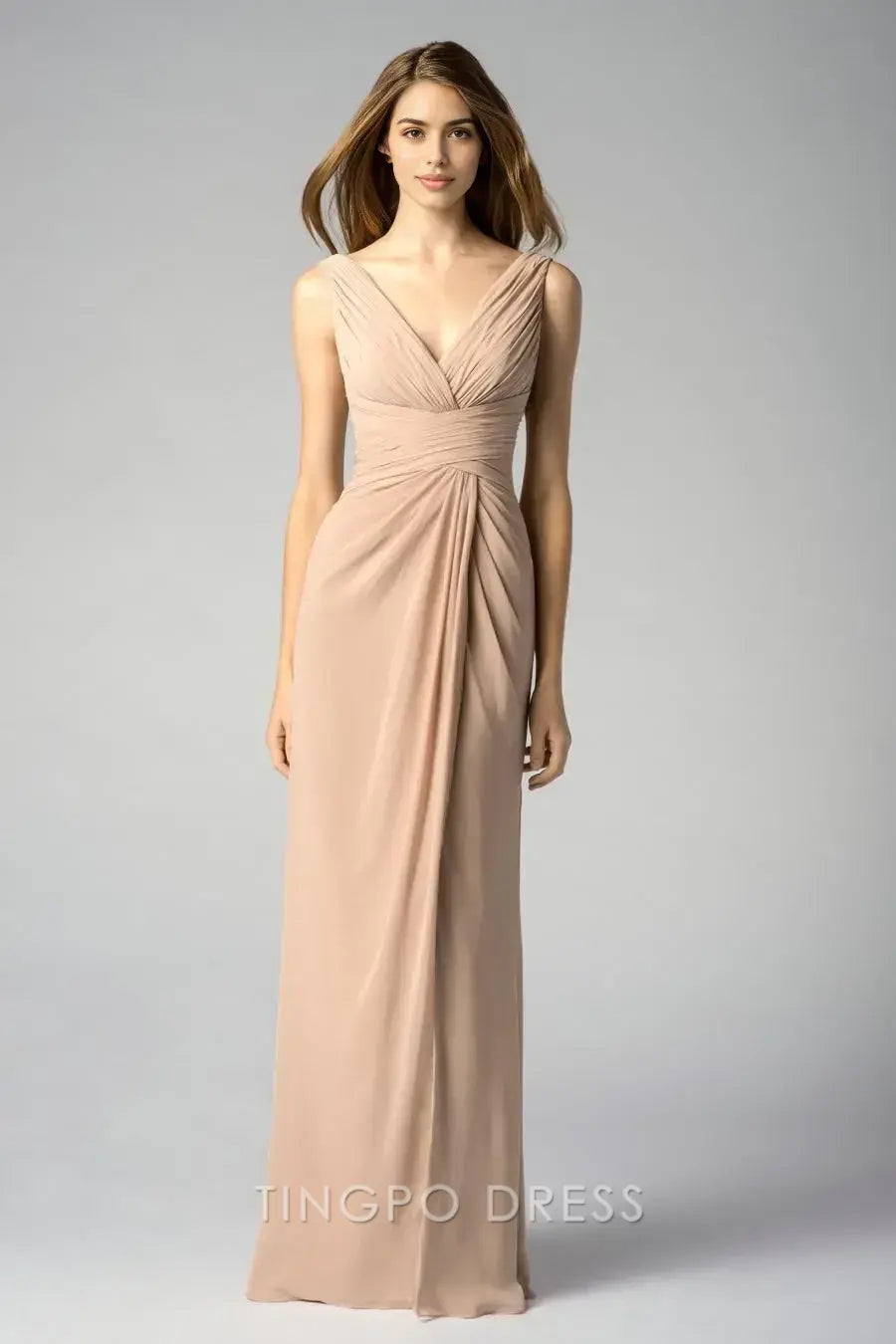 TingPo Wholesale Elegant Nude Deep V Dress - Sleeveless Ruched - Waist Maxi Evening Gown